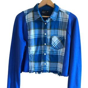 Cropped Plaid Shirt Blue Sweatshirt Jacket, Upcycled Grunge Style, Size S-M